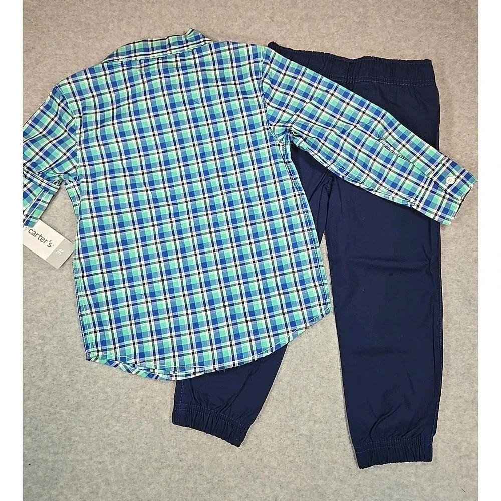 Carter's Toddler Boys 3T 2 pc Set Plaid Button Down Top & Jogger Pant Outfit NWT